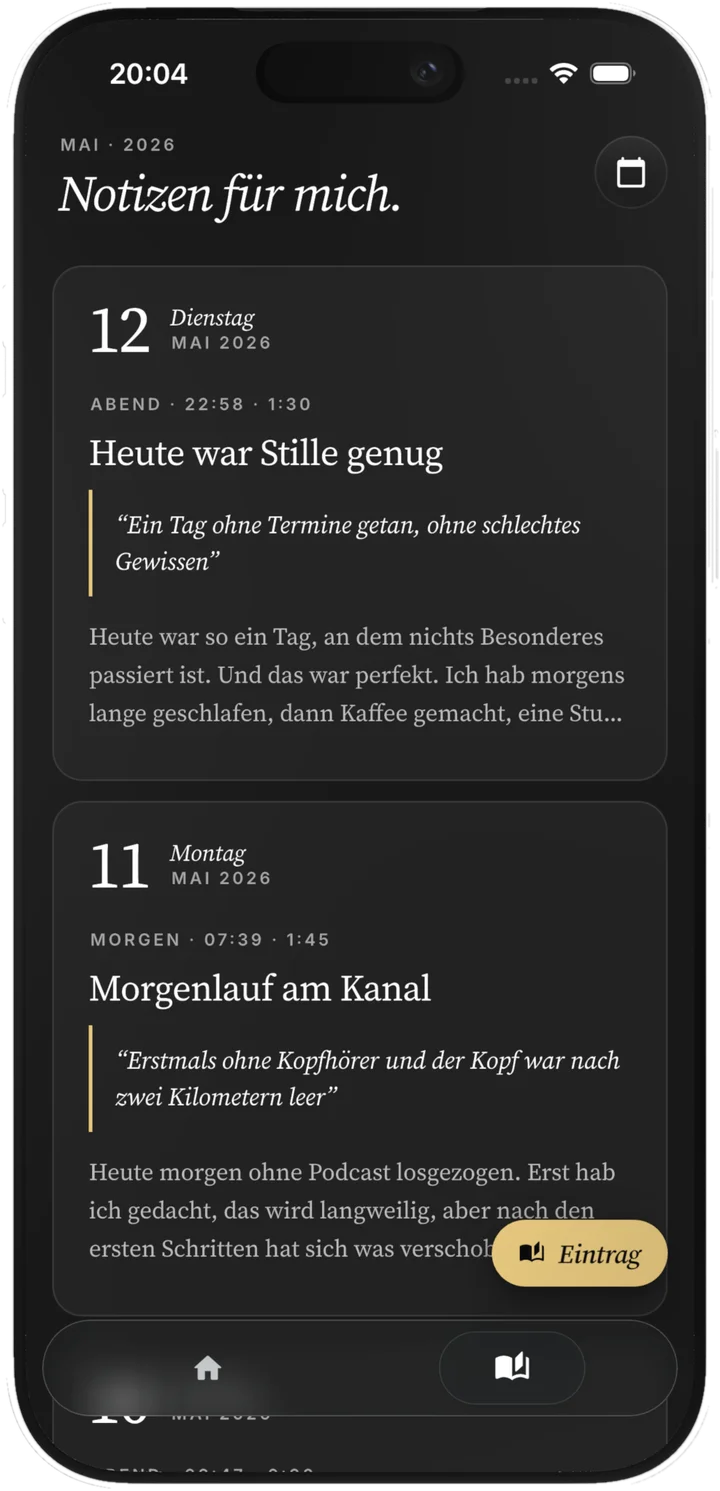VoiceMind Journal auf dem iPhone: gesprochene Tagebucheinträge mit Datum und hervorgehobenen Zitaten