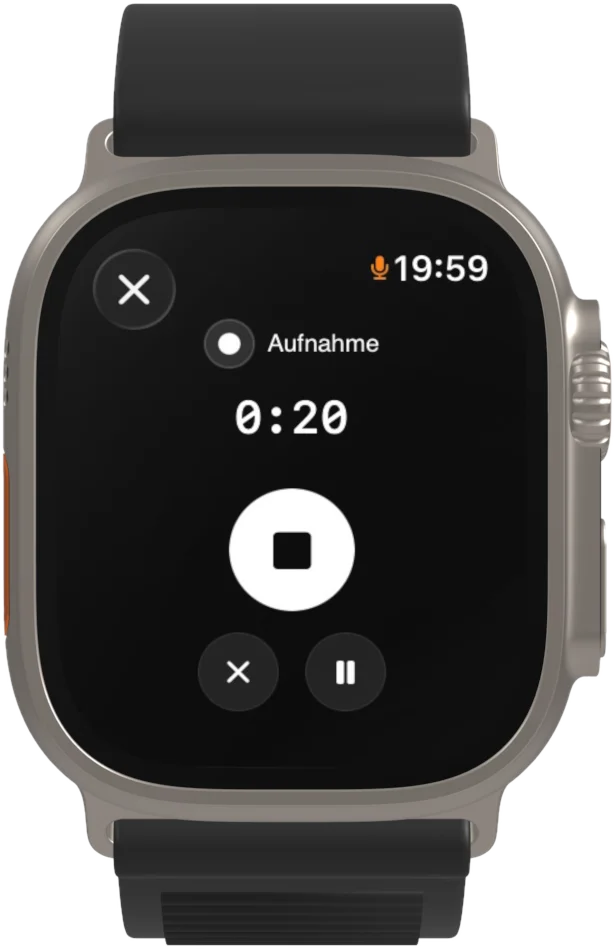 VoiceMind auf der Apple Watch Ultra: laufende Aufnahme mit Stopp- und Pause-Taste